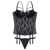Black Floral Lace & Leather Cut Out Bra Strap Push Up Corsets And Bustiers Sexy Lingerie Steampunk Corset Gothic Underwear Women