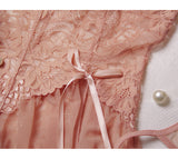 Peach hollowed high slit suspender long lace sexy goddess nightdress