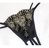 Black velvet gold embroidery exposed breast open files rims chest lingerie suit