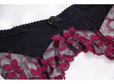 Rose red girdle with steel ring lace gather bra T pants garter set
