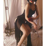 Peach hollowed high slit suspender long lace sexy goddess nightdress