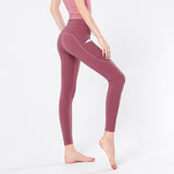Nude side pockets running sports tights fitness pants high waist hips sports yoga pants