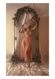 Peach hollowed high slit suspender long lace sexy goddess nightdress