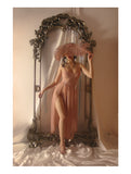 Peach hollowed high slit suspender long lace sexy goddess nightdress