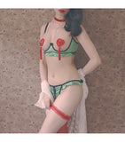 Retro satin lace sexy flirting extreme temptation bra thong set
