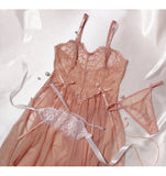 Peach hollowed high slit suspender long lace sexy goddess nightdress