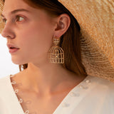 Vintage golden birdcage earrings long fashion hollow stud earrings