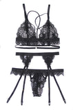 Sexy three-piece lace ultra-thin French triangle cup bra T pants garter belt